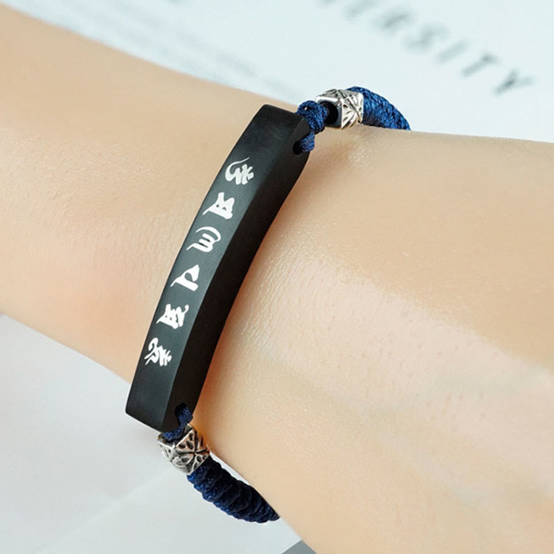 Nimara Ritual Buddhism Six True Words Wood Ebony Wood Silver Inlaid Protection Bracelet