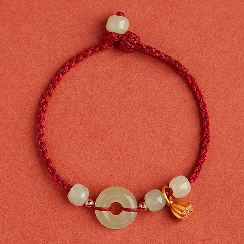 Nimara Ritual Round Peace Buckle Jade Lotus Happiness Abundance Wealth String Bracelet