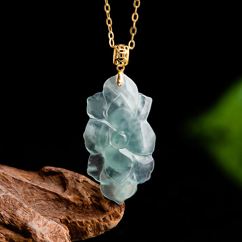 Nimara Ritual Natural Jade Lotus Pattern Prosperity Titanium Steel Chain Necklace Pendant