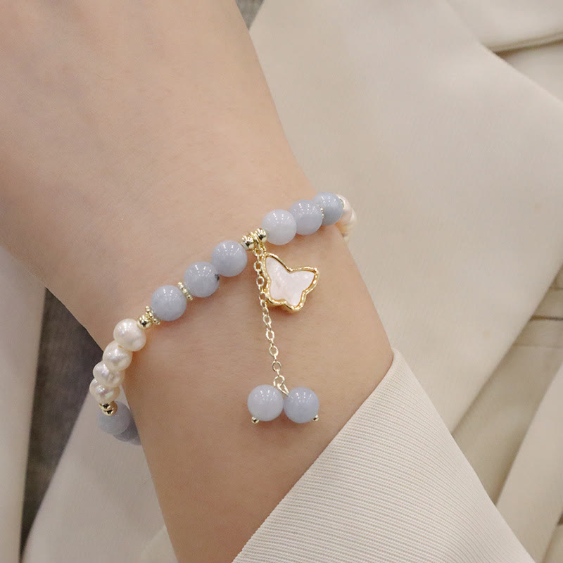 Nimara Ritual Natural Aquamarine Pearl Healing Ginkgo Leaf Butterfly Charm Bracelet