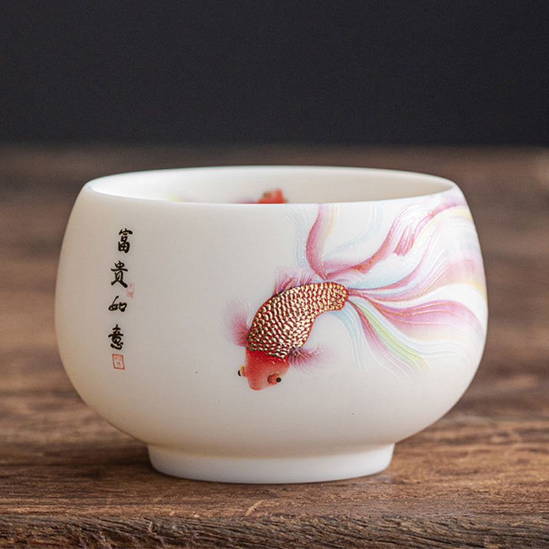 Nimara Ritual Koi Fish White Porcelain Ceramic Teacup Kung Fu Tea Cup