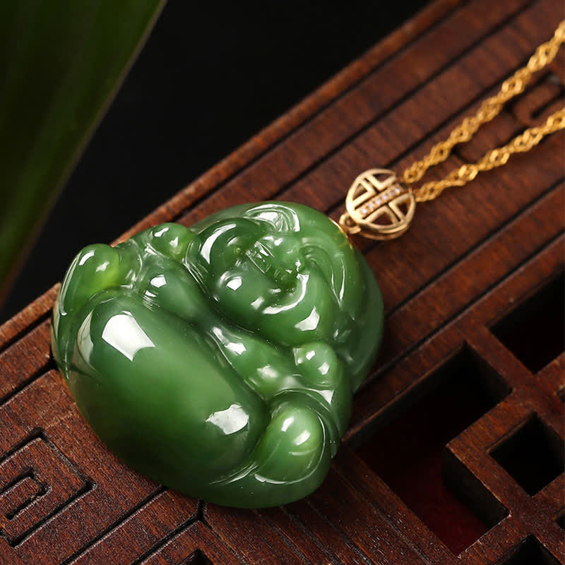 Nimara Ritual 925 Sterling Silver Laughing Buddha Hetian Cyan Jade 18K Gold Success Necklace Chain Pendant