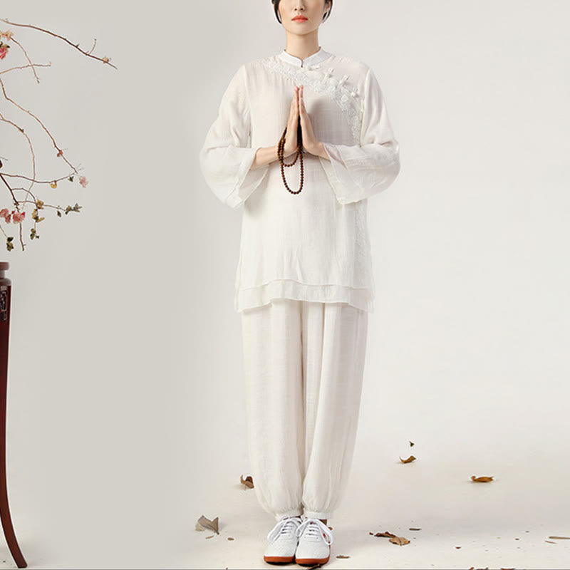 Nimara Ritual 2Pcs Long Sleeve Frog-Button Meditation Prayer Zen Practice Tai Chi Uniform Clothing Women's Set