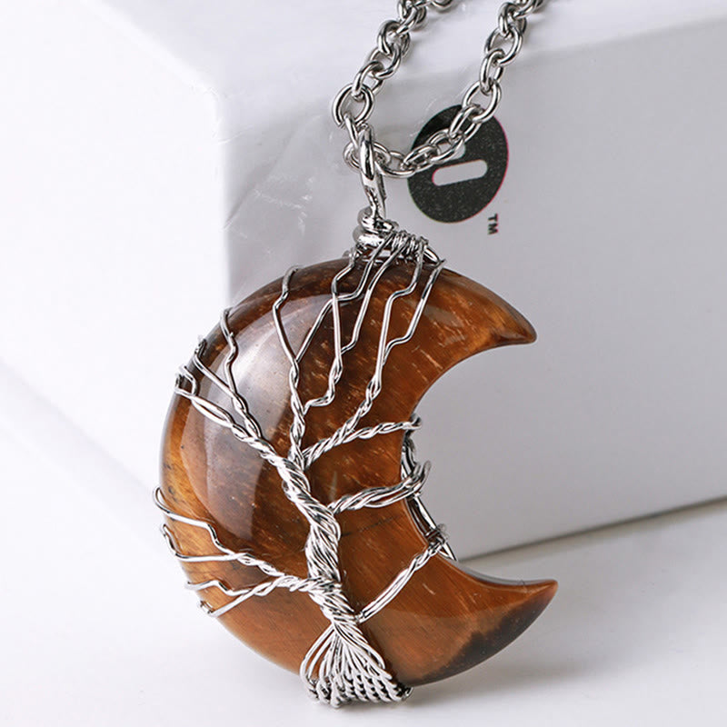 Nimara Ritual Natural Quartz Crystal Moon Tree Of Life Healing Energy Necklace Pendant