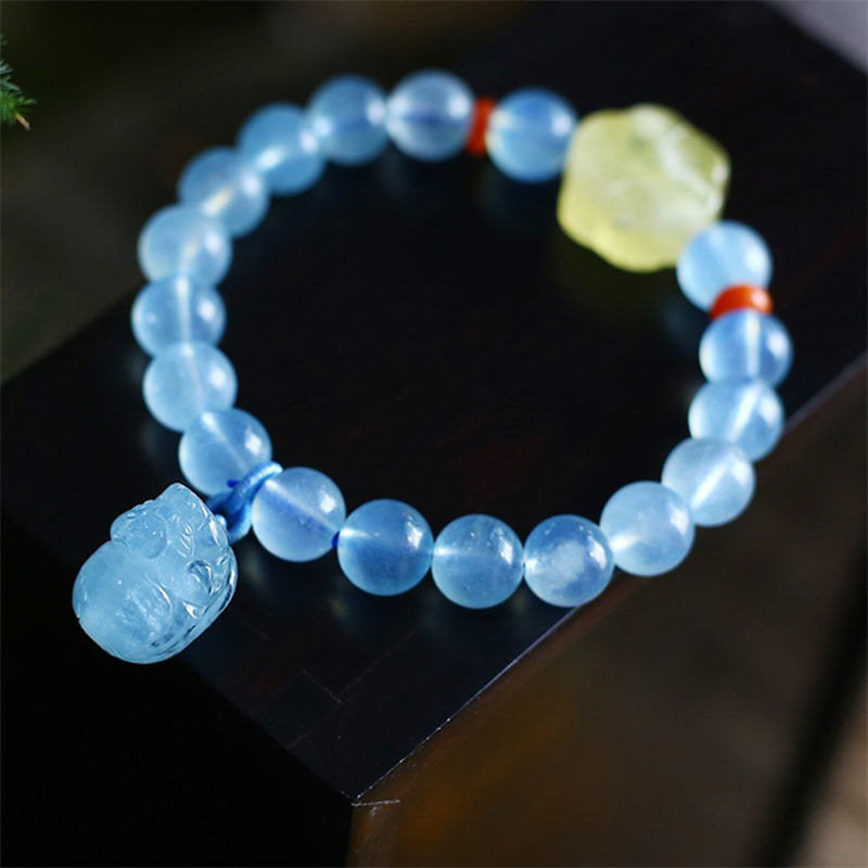 Nimara Ritual Natural Aquamarine Amber Pixiu Peace Healing Charm Bracelet