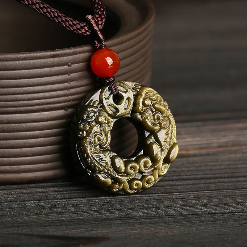 Nimara Ritual Gold Sheen Obsidian Peace Buckle Pixiu Copper Coin Wealth Necklace Pendant