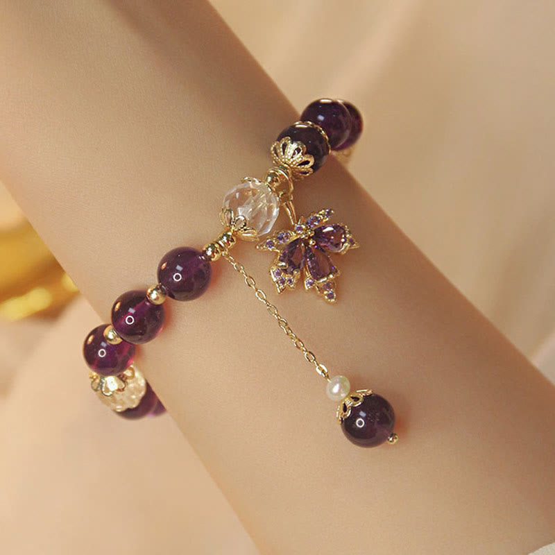 Nimara Ritual 14k Gold Plated Natural Amethyst Healing Maple Leaf Charm Bracelet
