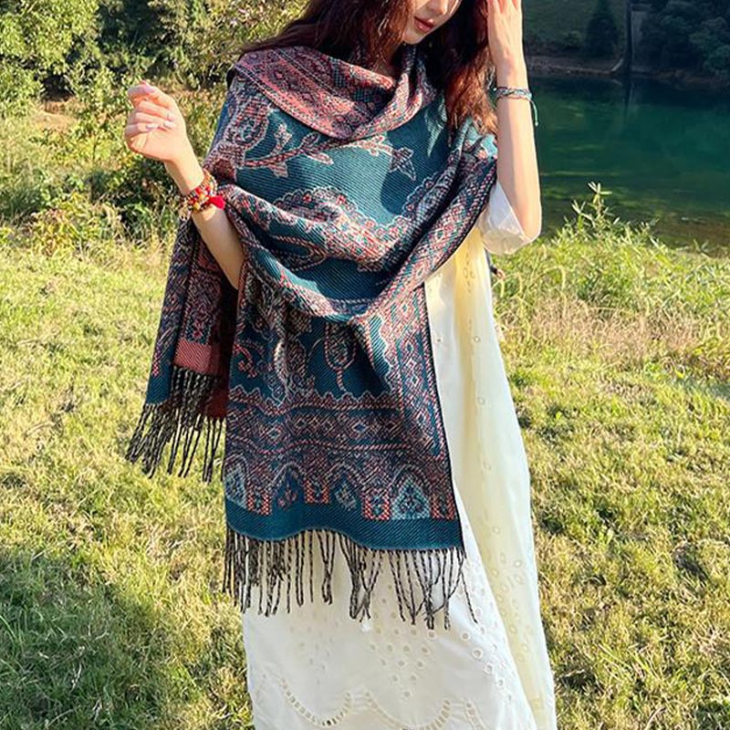 Nimara Ritual Vintage Tibetan Leaves Pattern Design Shawl Cozy Travel Scarf Wrap