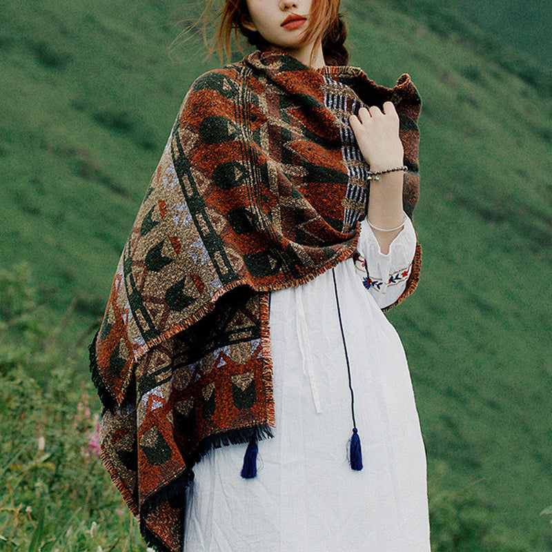 Nimara Ritual Tibetan Shawl Classic Geometry Pattern Winter Cozy Travel Scarf Wrap