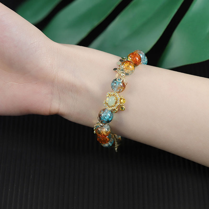 Nimara Ritual Colorful Liuli Glass Bead Chinese Lock Charm Fortune Bracelet