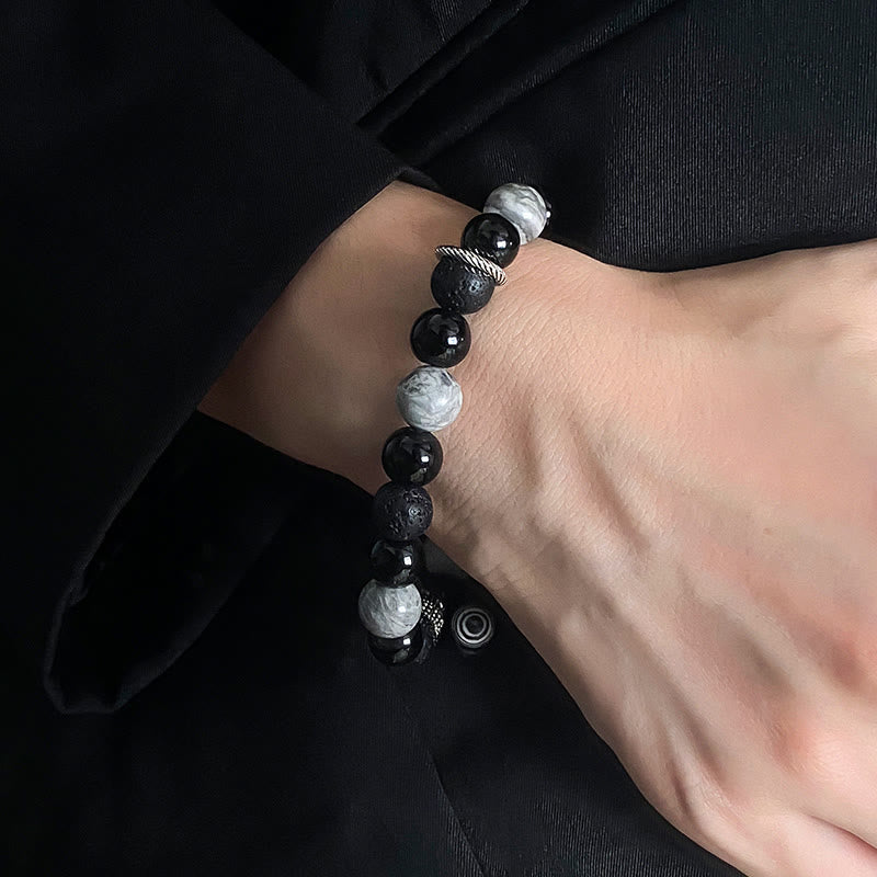 Nimara Ritual Vintage Lava Rock Black Obsidian Picasso Jasper Beads Support Rope Bracelet