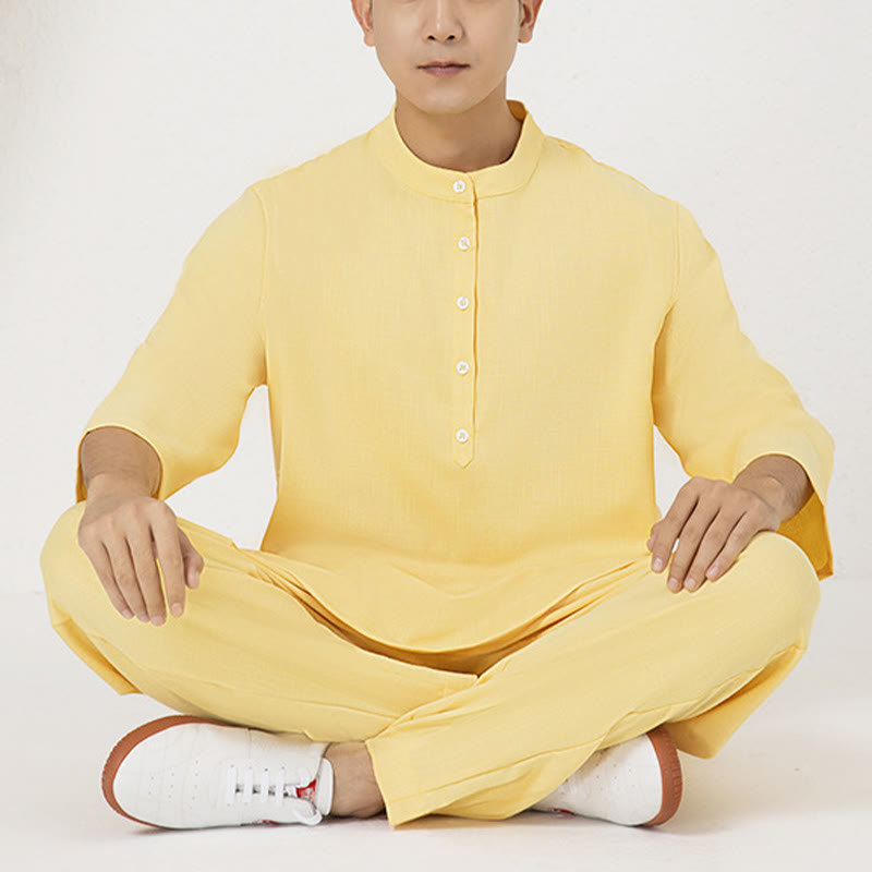 Nimara Ritual 2Pcs Buttons Men's Three Quarter Sleeve Shirt Top Pants Meditation Zen Tai Chi Cotton Linen Clothing Set