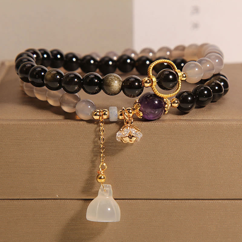 Nimara Ritual Gold Sheen Obsidian Gray Agate Lotus Charm Strengthen Double Wrap Bracelet