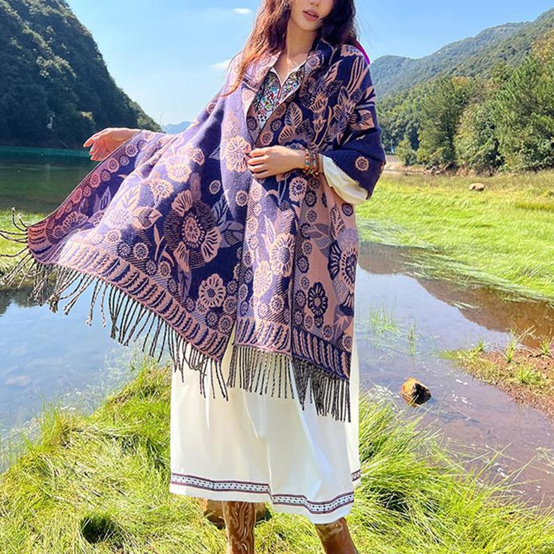 Nimara Ritual Tibetan Flower Floral Leaves Pattern Design Shawl Cozy Travel Scarf Wrap