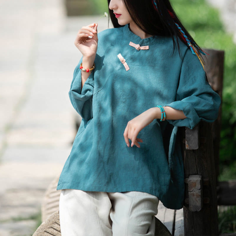 Nimara Ritual Ramie Linen Loose Blouse Women Long Sleeve Shirt Chinese Hanfu Top