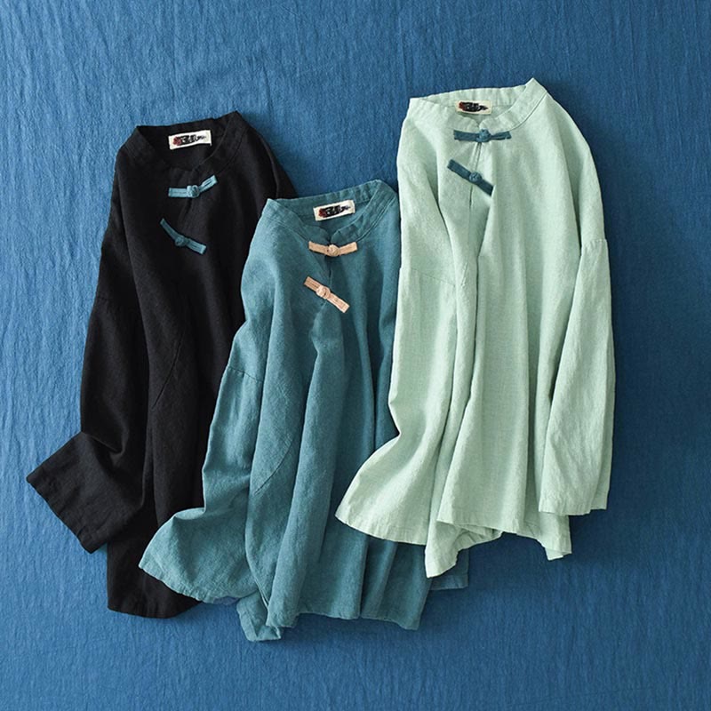 Nimara Ritual Ramie Linen Loose Blouse Women Long Sleeve Shirt Chinese Hanfu Top