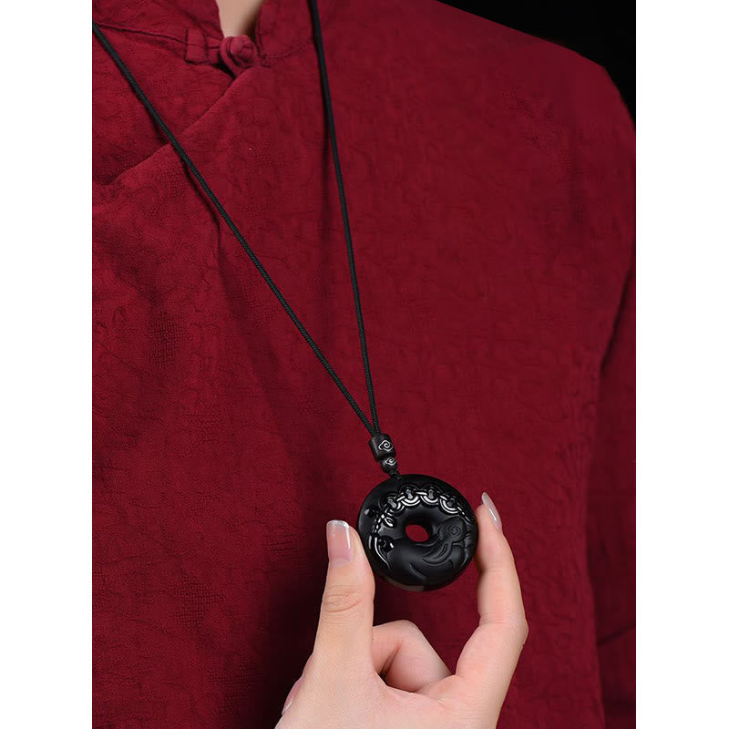 Nimara Ritual Chinese Zodiac Natural Black Obsidian Peace Buckle Strength Necklace Pendant