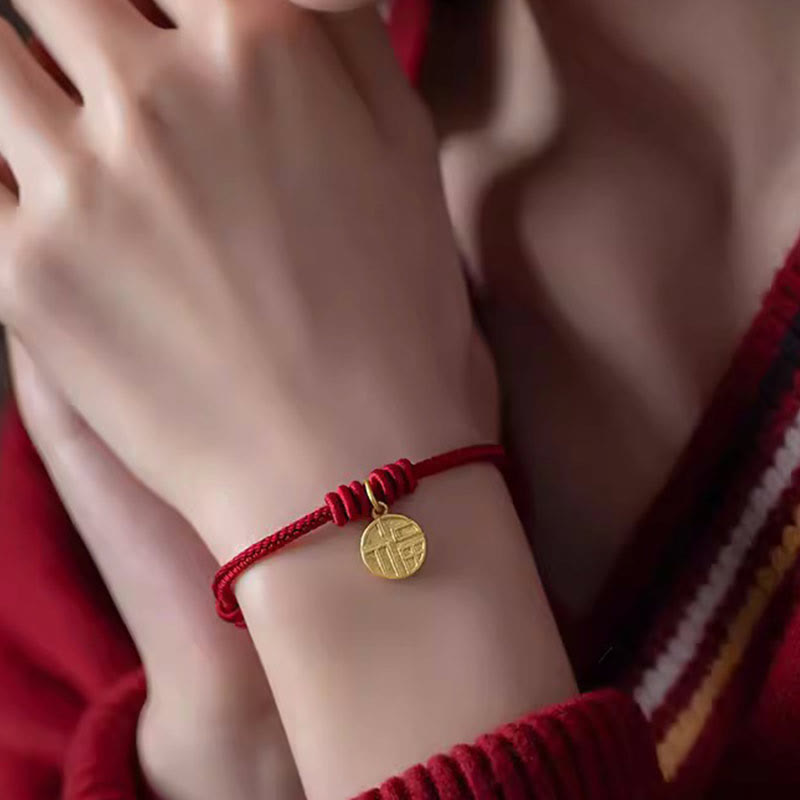 Nimara Ritual Handmade Eight Thread Peace Knot Fu Character Charm Luck Happiness Red Rope Bracelet