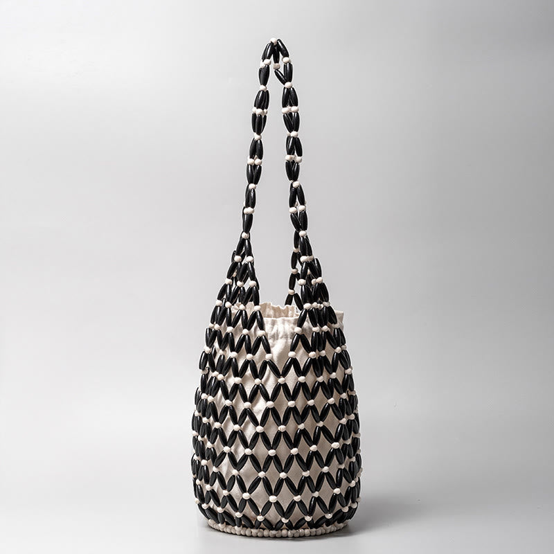 Nimara Ritual Hand-woven Wooden Beads Bucket Shoulder Bag Handbag