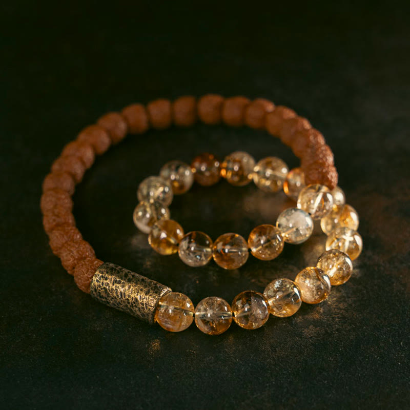 Nimara Ritual Natural Citrine Crystal Rudraksha Bodhi Seed Brass Bead Prosperity Double Wrap Bracelet