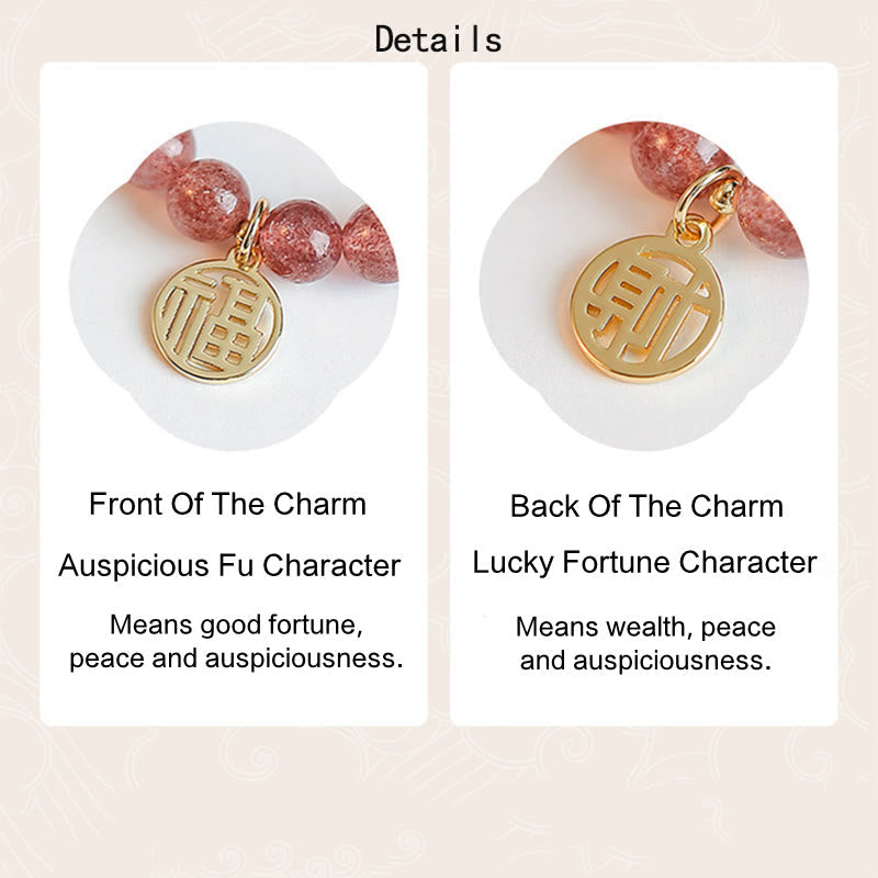 Nimara Ritual 14K Gold Plated Strawberry Quartz Fu Character Healing Charm Bracelet