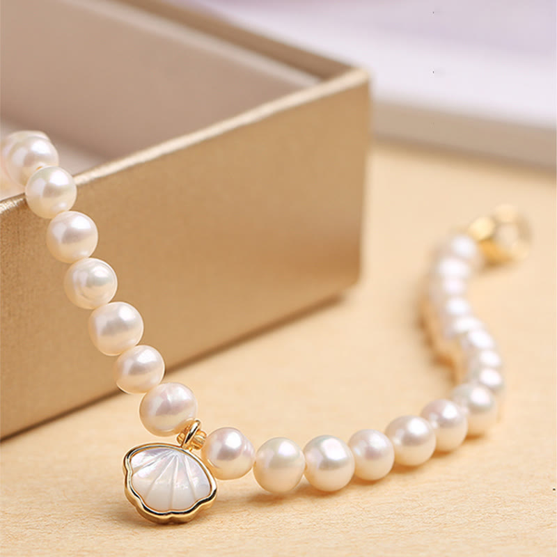 Nimara Ritual 14K Gold Plated Natural Pearl Crystal Shell Charm Bead Bracelet