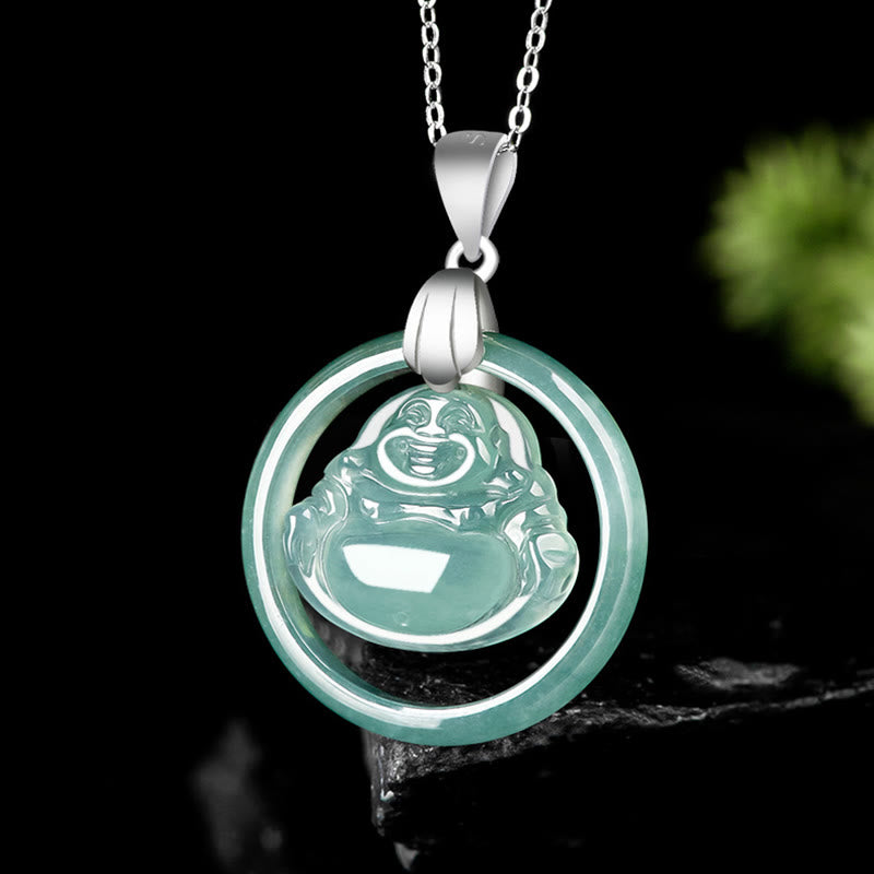 Nimara Ritual Natural Jade Round Laughing Buddha Abundance Titanium Steel Chain Necklace Pendant