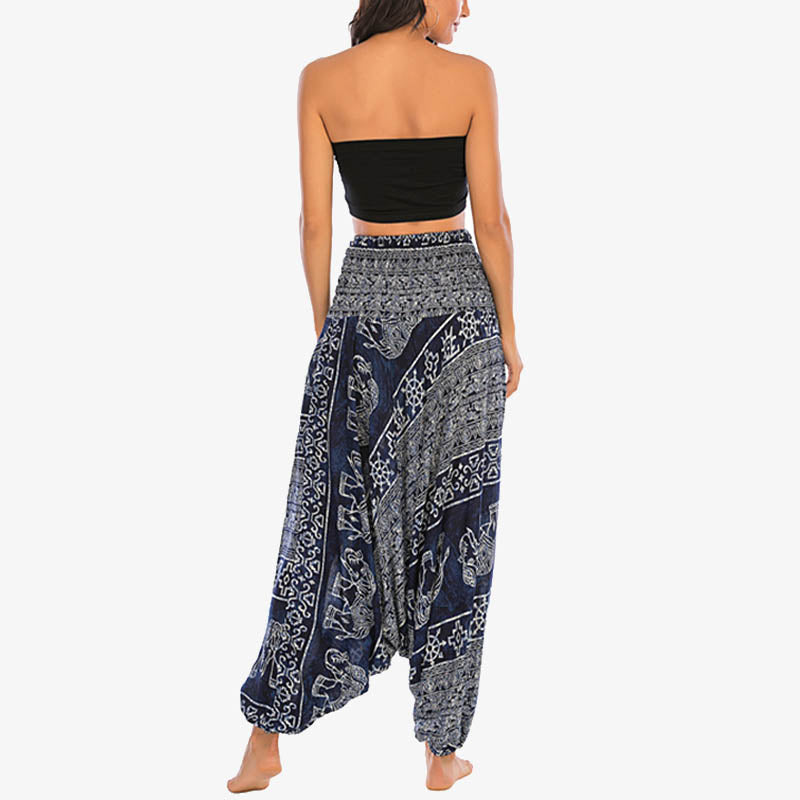 Nimara Ritual Two Style Wear Elephant Pattern Loose Smocked Harem Trousers Jumpsuit Women's Yoga Pants